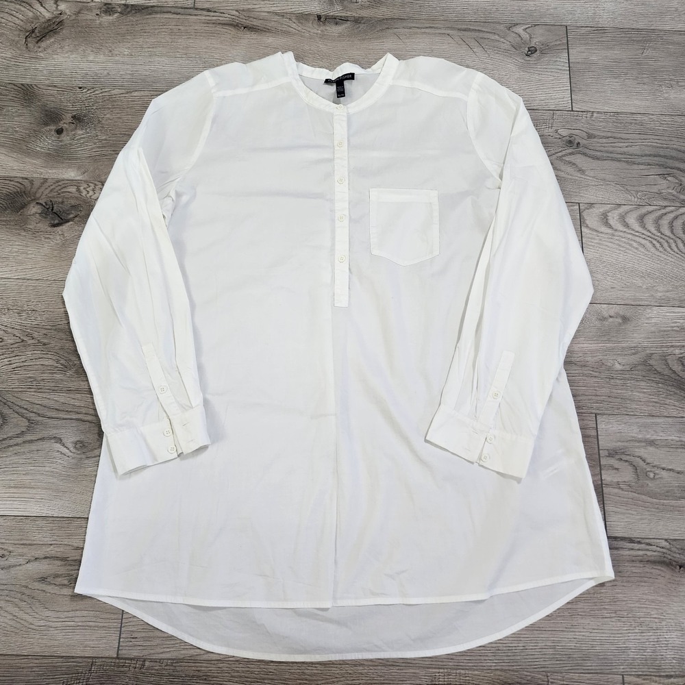 Eileen Fisher White Mandarin Collar Tunic Top Shirt XL Organic Cotton Lagenlook